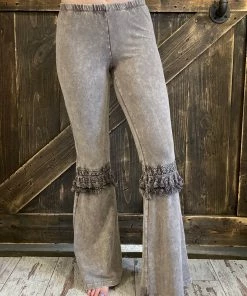 Fashiongo: Chatoyant BOTTOMS Fringed Crochet Washed Bell Bottom Flare Pants In Taupe Grey