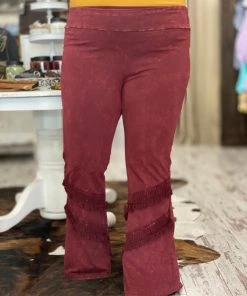 Fashiongo: Chatoyant Washed Bell Bottom Flare With Fringe In Wine BOTTOMS