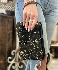 Myra Bag ACCESSORIES Black & Gold Hairon Wristlet