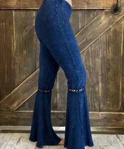 Fashiongo: Chatoyant Washed Waffle Bell Bottom Flare Pants In Dark Denim