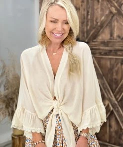 Fashiongo: Kori America Front Tie Cropped Bell Sleeve Top