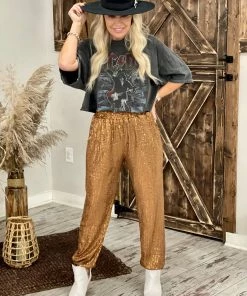 Kori America BOTTOMS Sequin Jogger Pants In Brown