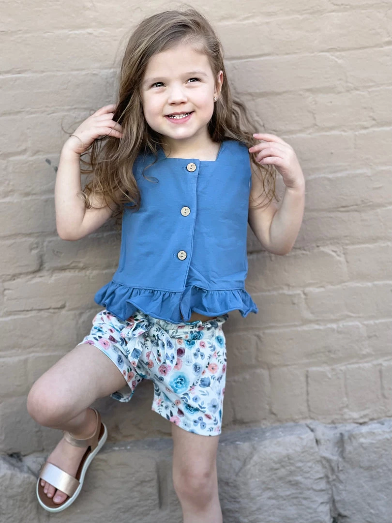 Honeydew GIRLS Ruffle Tank Top + Paperbag Shorts Set In Blue 3 Honeydew GIRLS Ruffle Tank Top + Paperbag Shorts Set In Blue