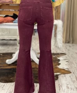 Fashiongo: Chatoyant Washed Bell Bottom Flare Pants With Pockets In Burgundy