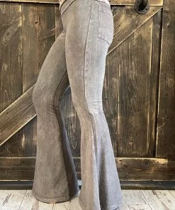 Fashiongo: Chatoyant Washed Bell Bottom Flare Pants With Pockets In Desert Taupe