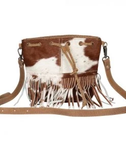 Myra Bag ACCESSORIES Brown & White Fringe Hairon Crossbody Purse